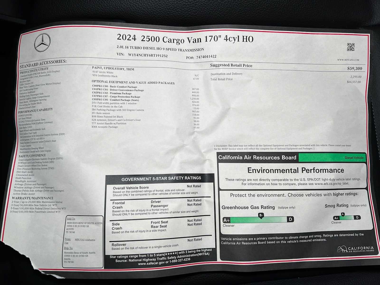 2024 Mercedes-Benz Sprinter 2500 High Roof I4 Diesel HO 170" RWD
