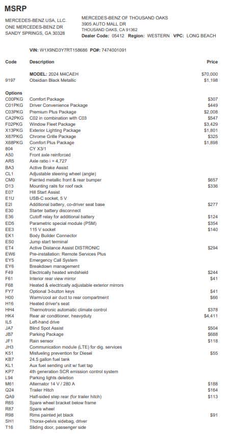 2024 Mercedes-Benz Sprinter 4500 High Roof I4 Diesel HO 170" Extended RWD