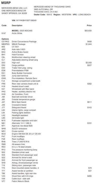 2025 Mercedes-Benz Sprinter 2500 Standard Roof I4 Diesel 144" RWD
